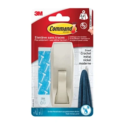Image of Command WMR03BN Chrome Square Waterproof Metal Hooks L, Maximum Load up to 2.3 kg 1 Hook and 2 Strips