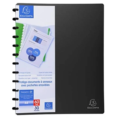 Image of Exacompta Ref 86351E PP Display Book with Rings Suitable for Holding A4 Documents, 30 Pockets, 60 Viewing Pages, Removable Pockets Organisation Black