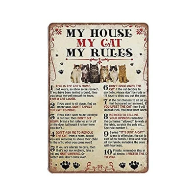 Image of Dreacoss My House cat Rules Tin Signs Smoke Retro Funny Metal Sign Vintage Poster Wall Art for Kitchen Garden Bathroom Farm Home Coffee Decor Sign, 20x30 cm