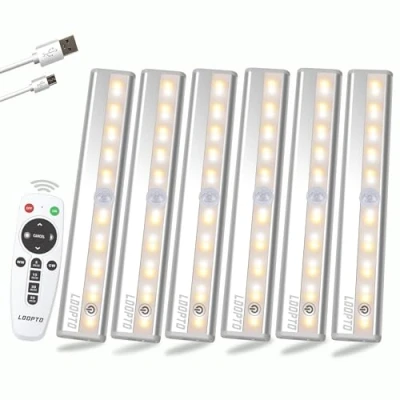 Image of Under Cupboard Kitchen Lights with Remote, Dimmable Battery Operated Closet Lights, Counter Lighting Stick on Touch Sensor Night Light, 2 Control Methods Remote/Touch 6 Pack