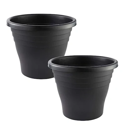 Image of Fyne Finds Set of 2 Black 30cm, 12inch Plastic Planter Round Ascot Pierceanle Drainage Holes Flower Plant Garden Pot