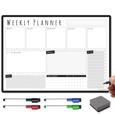Image of TMS Magnetic Weekly Planner/You Got This A3 Dry Wipe Whiteboard Planner for Home, Office or Students with 4 Erase Pens and Eraser (Charcoal, WP2)