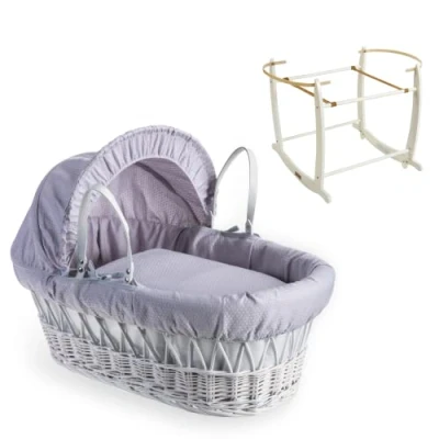 Image of Clair de Lune Cotton Dream White Wicker Moses Basket &amp; Deluxe Rocking Stand (Grey)