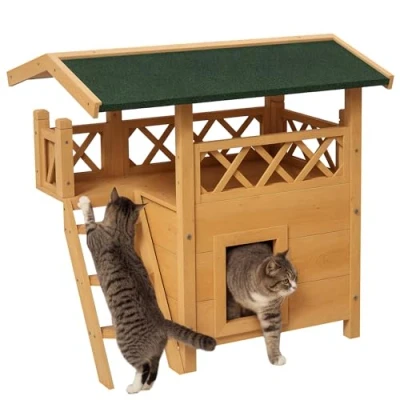 Image of PawHut Cat House Outdoor Kitten Shelter Puppy Kennel with Balcony Stairs Asphalt Roof, 77 x 50 73 cm, Natural