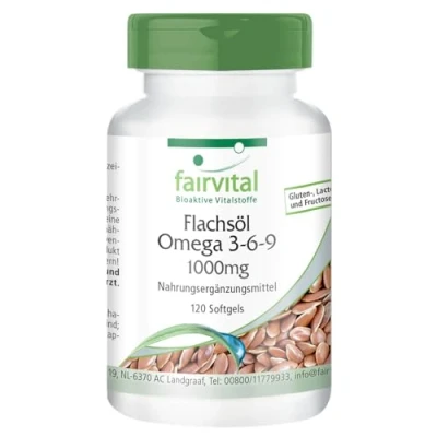 Image of Fairvital Flaxseed Oil Softgels 120 Count Omega 3 6 9 with High Strength Alpha Linolenic Acid (ALA) Cold Pressed Supplement Made in Germany