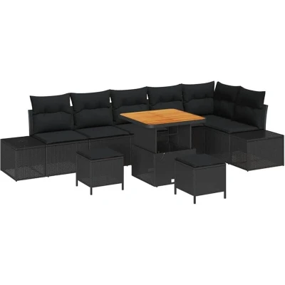Image of vidaXL 9 Piece Garden Sofa Set with Cushions Black Poly Rattan Acacia