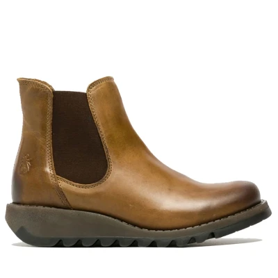 Image of Fly London Womens Camel SALV Chelsea Leather Ankle Casual Wedge Heel Boots Size UK 7