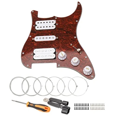 Image of Unxuey 11 Hole Loaded Prewired Pickguard Guard Plate with White HSH Pickup Parts for Fender Strat Guitar, Guitar Strings and Installation Tool