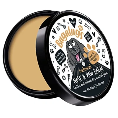 Image of BUGALUGS Dog nose balm 30g, Natural lick safe paw for dogs contains Colloidal Oatmeal, cream Vegan formula reduces skin irritation and redness.