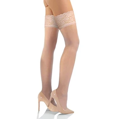 Image of Sesto Senso Women&#039;s Hold Ups Stockings Sexy Lace Top 15 Denier Ivory 1/2 XS S Pouder