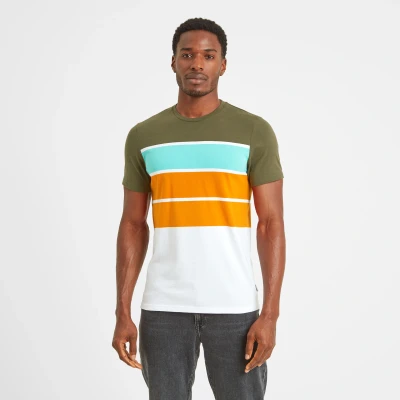 Image of TOG24 Whitwick Mens T Shirt with Yarn Dyed Stripes in a Sustainable Cotton Blend, Ribbed Crew Neck Khaki