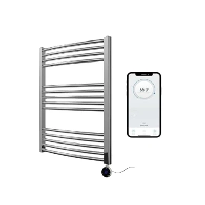 Image of Greened House Chrome Electric Smart WiFi Controlled Heated Towel Rail Curved 600mm W x 800mm H 7 Day Programmable Timer App Compatibility