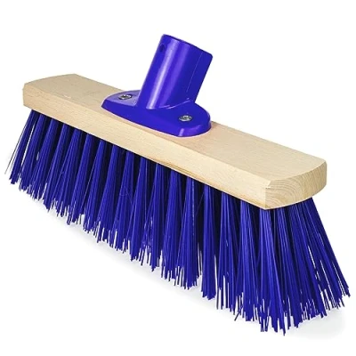 Image of 12&quot; Wooden Broom Head with Stiff Hard Blue Bristle Brush Garden Outdoor for Yard Sweeping Wood Fitted Handle Bracket