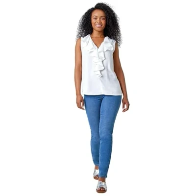 Image of Roman Originals Women Frill Front Vest Top Ladies Ruffle Blouse Summer Spring Special Occasion Evening Holiday Cruise Cocktail Party Short Long Sleeve Sleeveless V Neck Petite White Size 14
