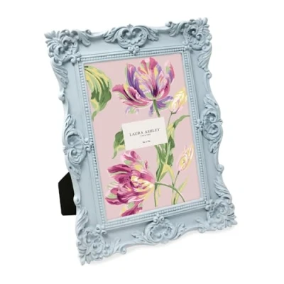 Image of Laura Ashley 5x7 Powder Blue Ornate Textured Hand Crafted Resin Picture Frame w/Easel &amp; Hook for Tabletop Wall Display, Decorative Floral Design Home Décor, Photo Gallery, Art (5x7, Blue)