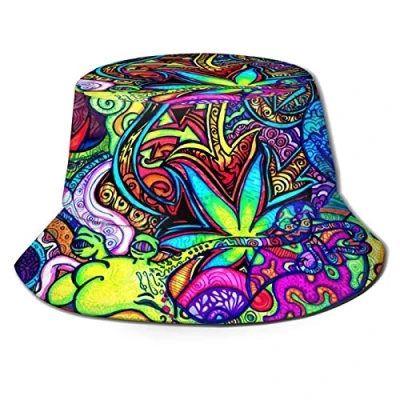 Image of BAIFUMEN Bucket Hats Fashion Sun Cap Packable Outdoor Fisherman Hat for Women and Men, Black White Cow Print, One Size(Psychedelic Trippy)