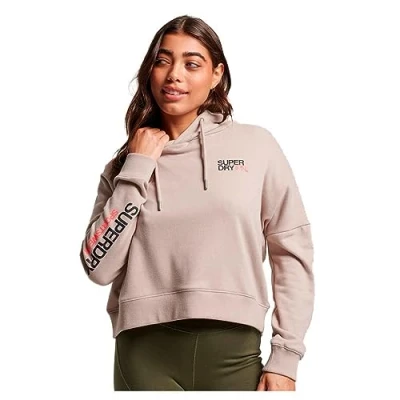 Image of Superdry Women&#039;s Sportswear Logo Boxy Hood Sweatshirt, Warm Grey, UK 12