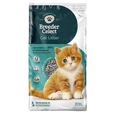 Image of Breeder Celect Natural Cat Litter (20L) 99 percent Recycled Paper, Absorbent Pellets, Optimal Odor Control, Non Clumping, Biodegradable &amp; Compostable Made in UK