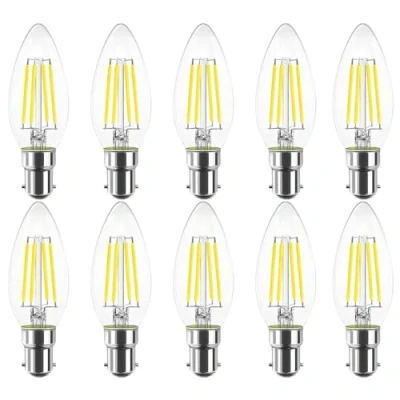 Image of WULUN 4W B15 Filament LED Candle Bulb Edison Vintage Bayonet Cap Cool White 6500K 400LM 40W Incandescent Bulbs Equivalent Non Dimmable No Flicker 10 Pack