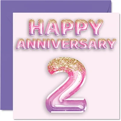 Image of Pretty Cotton Anniversary Card for Wife Girlfriend Husband Boyfriend Pink Purple Glitter Balloons Happy 2nd Cards from Family, 145mm x Greeting Second Anniversaries