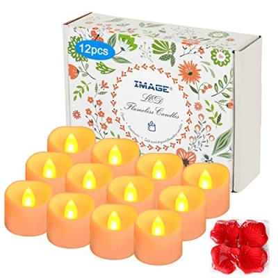 Image of IMAGE Tea Lights 12Pcs LED Tealight Candles with Timer Flickering Battery T 100pcs Decorative Fake Rose Petals for Christmas Halloween Wedding Birthday Anniversary, Amber Yellow