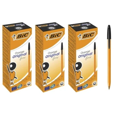 Image of Bic Orange Fine Ballpoint Pens, Point (0.8 mm), Black Ink, Pack of 60, Writing Pens with Long Lasting Ink
