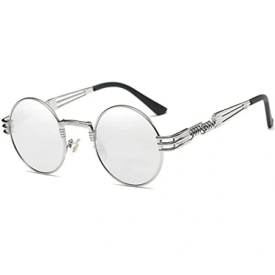 Image of Dollger John Lennon Style Retro Steampunk Sunglasses for Women Men Round Hippie UV400 Protection Flat Lens Metal Frame Eyewear(Silver Mirror Lens/Silver Frame)