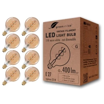 Image of greenandco® E27 G95 LED Vintage Filament Bulb 5W Replaces 35W 400lm 2000K Extra Warm White 360 230V, no Flicker, not dimmable, 8 Pack