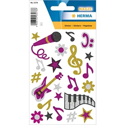 Image of HERMA 3276 Stickers Music Glitter, Pack of 22, Notes with Microphone Guitar Clef Flowers Stars Motif, Children&#039;s Labels for Photo Album, Diary, Poetry Scrapbooking, Birthday
