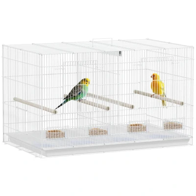 Image of PawHut Bird Cage with Divider, Parrot 4 Wooden Perches, Slide Out Tray, Feeders, for Budgie, Lovebird, Canary, Finches, 76 x 46 46cm, White