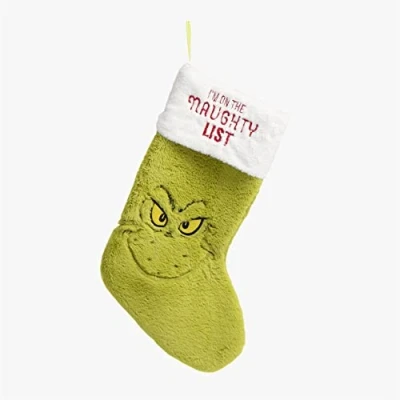 Image of licensed primark the Grinch christmas stocking naughty list whoville green faux fur reversible I&#039;m on nice