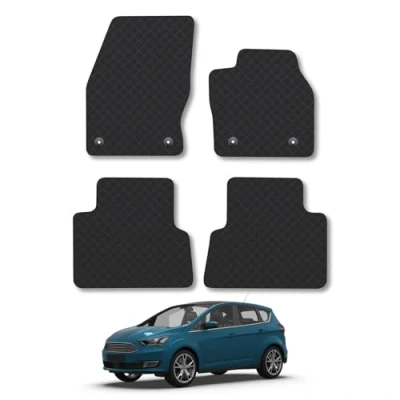 Image of Rubber Car Mats Compatible with Ford C Max (2015 2021) Tailored Fit Floor Set Accessory Black Custom 4 Pieces Clips Anti Slip Backing, Heavy Duty &amp; Waterproof