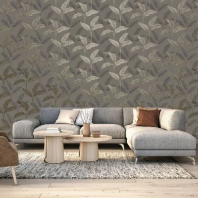 Image of SOPHIE LAURENCE Pewter Gold Tropical Amara Palm Leaf Design Wallpaper Unique and Quality Print for an Instant Wall Upgrade