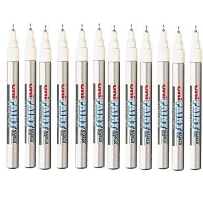 Image of Uni Coloured Extra Fine (0.8mm) PX 203 Silver Oil Paint Marker Pen Metal Glass Wood Plastic Stone Outdoor Nib Tip (Pack Of 12)