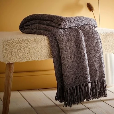 Image of Appletree Grey Throw/Blanket (130 x 180cm) Charcoal Chenille Throw Textured Linen in Dark Blanket Woven Knit With Tassels for Living Room &amp; Bedroom Home Décor