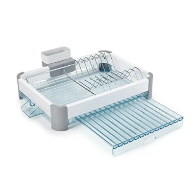 Image of Minky Extending Dish Rack, Drainer Rack With Draining Drip Tray, Slide Out Extra Tray &amp; Cutlery Holder, Space Saving Durable