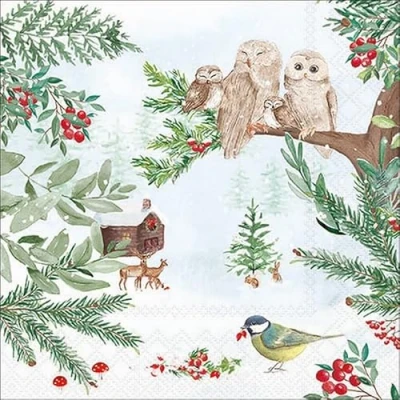 Image of 20 Napkins Winter Owls Look at Hut as Table Decoration Paper with Motif Also for Decoupage and 33 x cm
