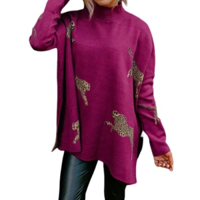 Image of Casual Long Sleeve Top with Retro Tiger and Leopard Print, Women&#039;s Turtleneck Sweatshirts, Knit Side Slit Pullover Sweatshirt Tops (Wine Red,XL)