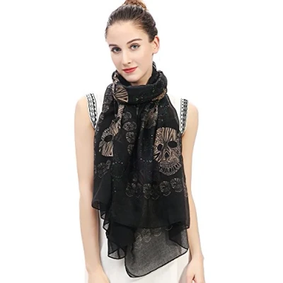 Image of Lina &amp; Lily Day of the Dead Sugar Skull Print Women&#039;s Scarf Shawl Wrap Lightweight (Black)