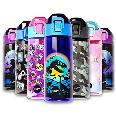 Image of Fringoo 600ml Dinosaur Moon Kids Water Bottle BPA Free Black Flip Top Toddler Durability &amp; Fun Design