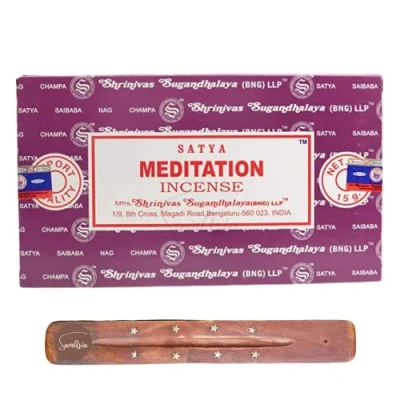Image of Satya Nag Champa Meditation incense sticks x12 pack with SAMASIA holder Used for Meomatherapy, Spa, Yoga, Weddings, Meditation, Healing, Positivity and Relaxation