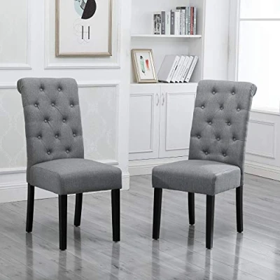Image of BonChoice Button Tufted Dining Chairs Set of 2 Linen Fabric for Room Kitchen Living Room, High Back Upholstered with Black Wooden Legs Home &amp; Commercial Restaurants (Grey, 2)