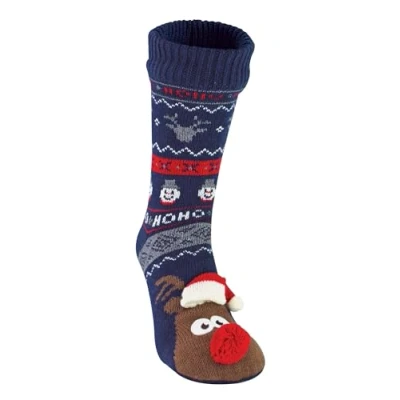 Image of Mens Thermal Rudolph Christmas Slipper Socks 3D design Fleece Lined Winter (7 11, Navy)