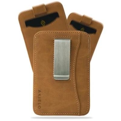 Image of AKIELO RFID Blocking Card Holder with Money Clip and Gift Box Compact Slim Wallet Minimalist (Charlie Tan Edition)