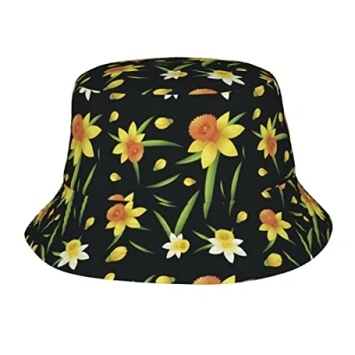 Image of Lsjuee Daffodils Bucket Hat Fashion Sun Cap Packable Outdoor Fisherman for Women and Men Teens Beach Caps Fishing Black
