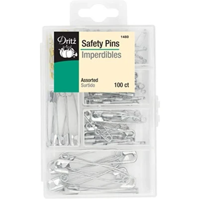 Image of Dritz Safety Pins with Plastic Storage Box, Assorted 100 Count, Nickel Plated Steel &amp; Brass, Sizes