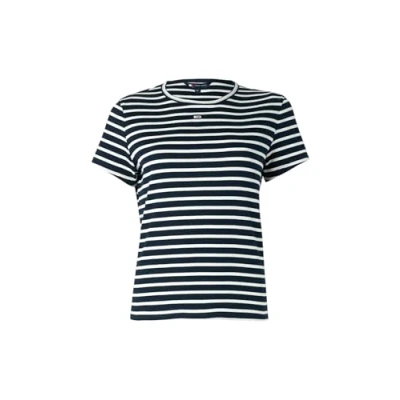 Image of TOMMY JEANS TJW Slim Essential Rib SS EXT S/S T Shirt Women&#039;s, Blue (Dark Night Navy/Stripe), XL