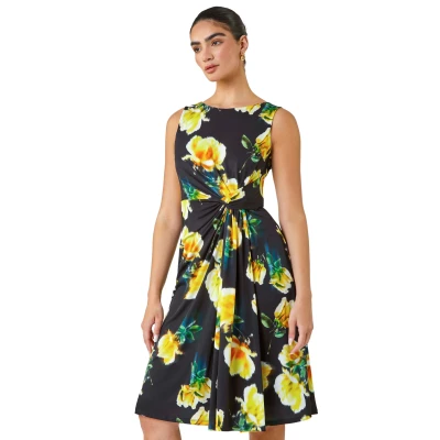 Image of Roman Originals Ruched Waist Dress for Women UK Ladies Twist Knot Waisted Wrap Stretch Jersey Knee Length Business Smart Work Office Formal Evening Petite Black Yellow Size 10