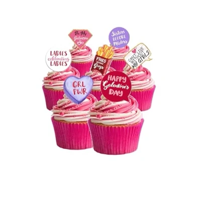 Image of 30 Stand Up Happy Galentines Day Edible Wafer Paper Cake Toppers Decorations Valentines
