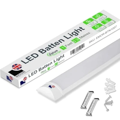 Image of Morris LED Batten Light 1ft 10W 1200LM, IP20 Rated, 6500K Daylight White, Single Energy Efficient for Shelving, Utility Rooms, Workshops Value Range